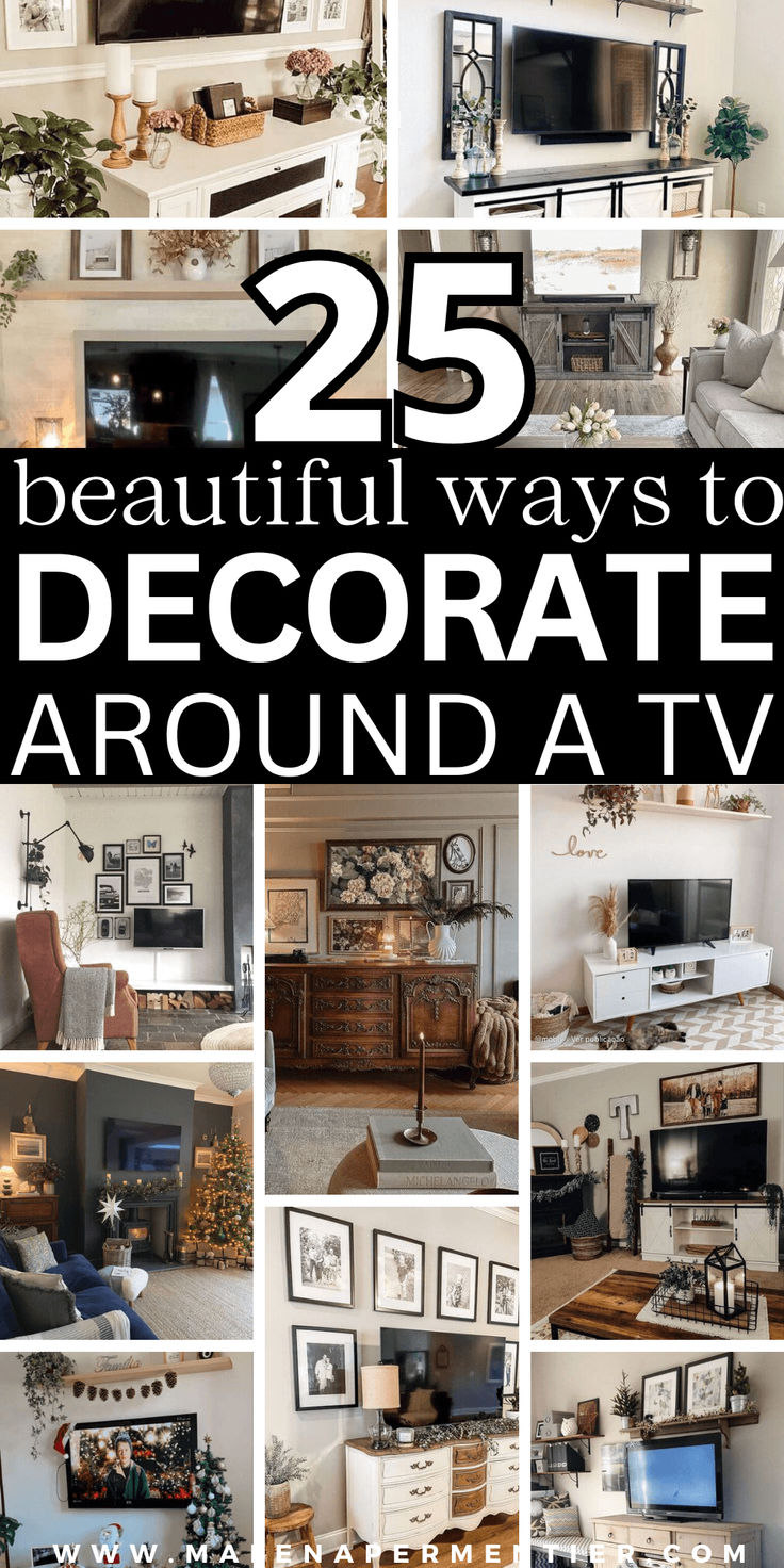 how to decorate around a TV - tv wall decor ideas Decor Beside Tv On Wall, Decorate Tv Stand Living Rooms, Decor For Sides Of Tv, Tv Wall Decoration Ideas, Decorating An Entertainment Center, Picture Wall Around Tv, Wall Decor Beside Tv, Where To Place Tv In Living Room, Decor On Tv Wall