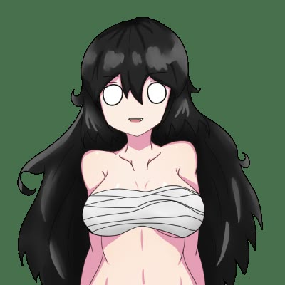 an anime character with long black hair, wearing a bandage around her waist and breast