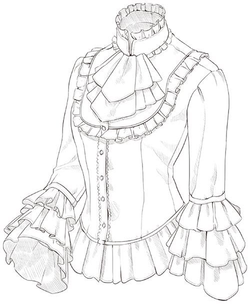 a drawing of a woman's dress with ruffled sleeves and collared neckline