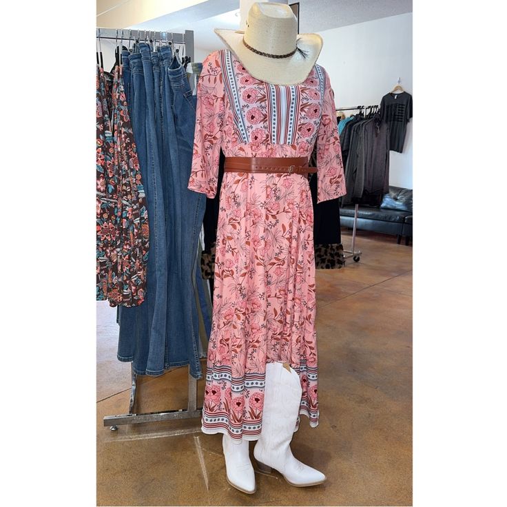 Talk About A Classic Look! This Lightweight Floral Dress Is The True Picture Of Classic Western Style. This Dress Is So Simple, Yet Elegant Beyond Belief! You Will Feel Comfortable Walking The Mall Or Out On The Town. Don't Let This One Get Away! Casual Floral Print Maxi Dress With 3/4 Sleeve, Casual Maxi Dress With Floral Print And 3/4 Sleeve, Fitted Boho Print Dress For Brunch, Fitted Boho Dress With Boho Print For Brunch, Fitted Pink Boho Dress For Spring, Fitted Boho Dress With Floral Print For Day Out, Spring Boho Print Rayon Dresses, Fitted Boho Print Maxi Dress For Day Out, Fitted Pink Boho Print Maxi Dress