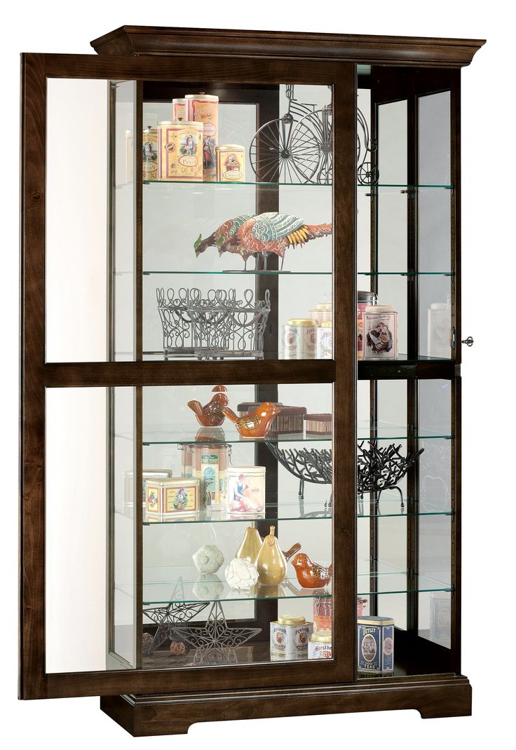 a display case with glass doors and shelves