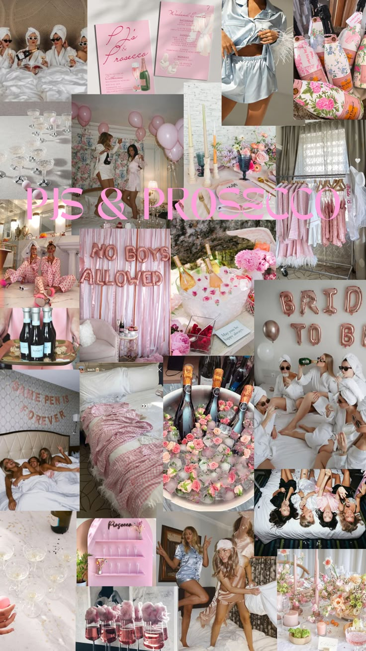 a collage of photos with pink and white items