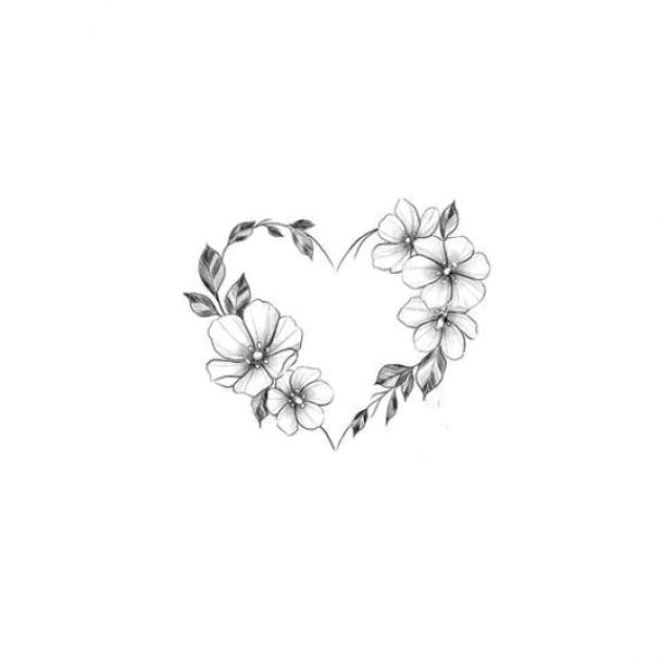 the outline of a heart with flowers on it is shown in black and white ink