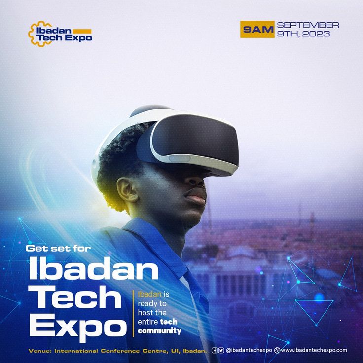 a man wearing a virtual headset with the caption get set for ibadan tech expo