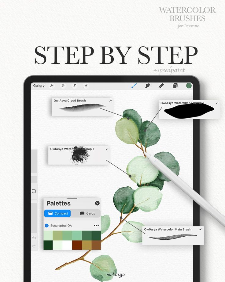 an ipad screen with the words step by step written on it and some green leaves