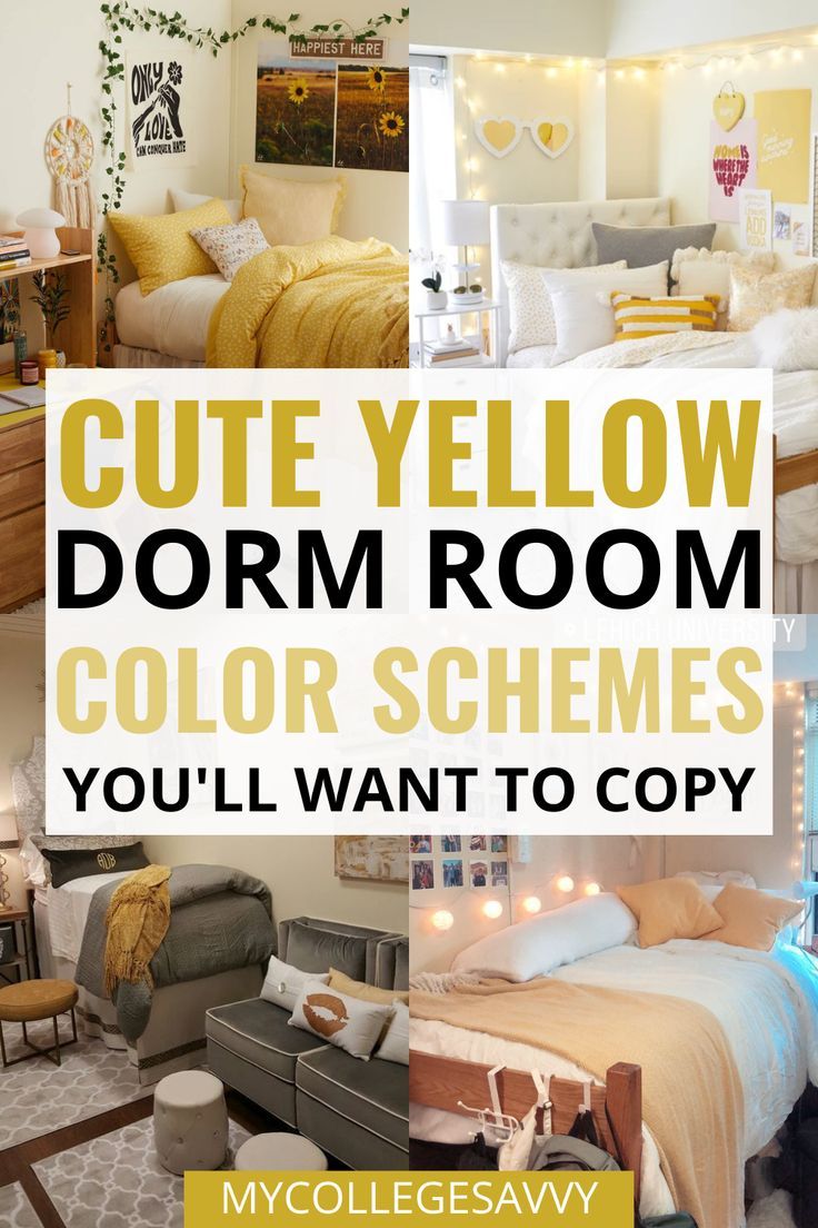 cute yellow dorm room color schemes you'll want to copy Yellow Dorm Room Ideas, Yellow Dorm Room, What To Pack For College, Guys College Dorm, Girls Dorm Room Ideas, College Dorm Room Decorations, Aesthetic College Apartment, Dorm Room Color Schemes, Dorm Colors