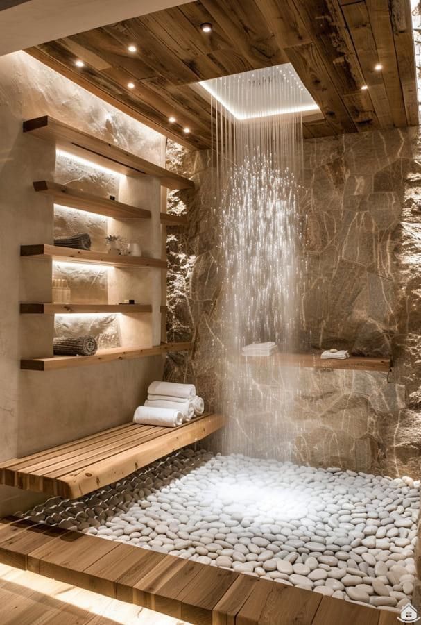 a spa room with stone walls and wooden flooring, water flowing from the shower head