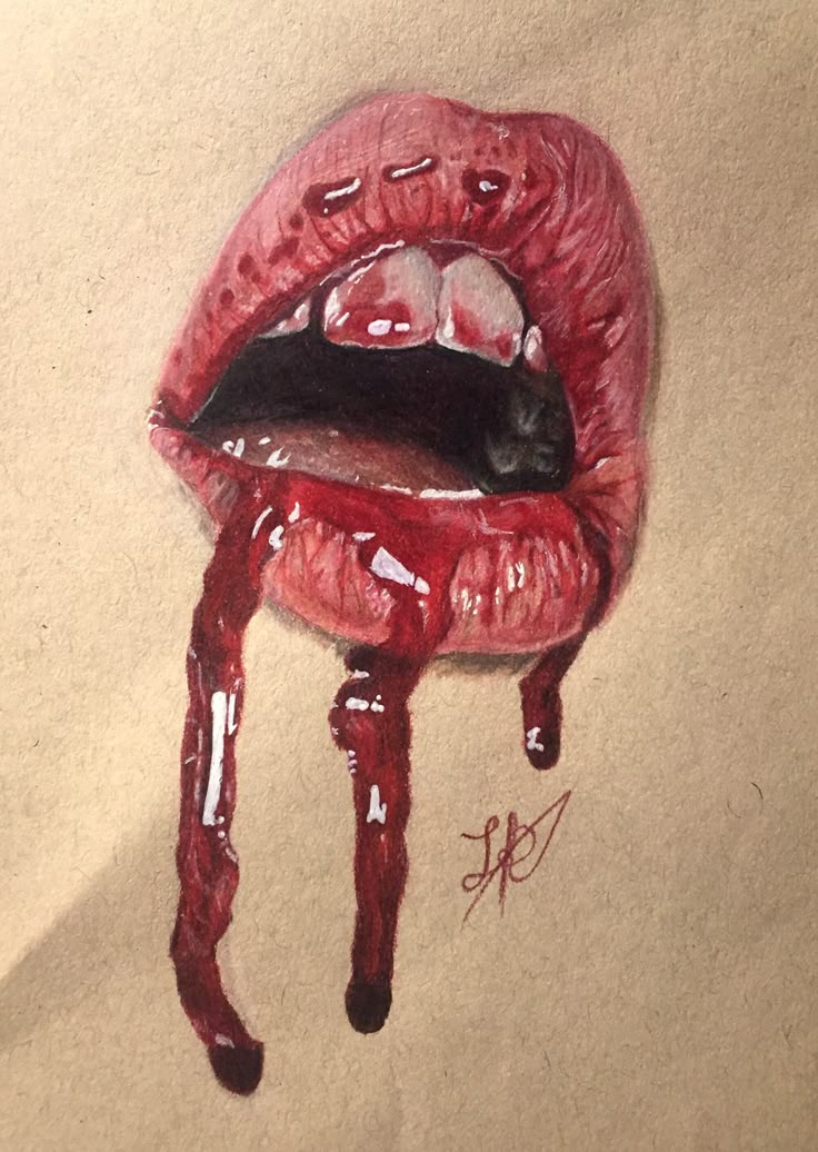 a drawing of a red lip with blood dripping from it's mouth and tongue