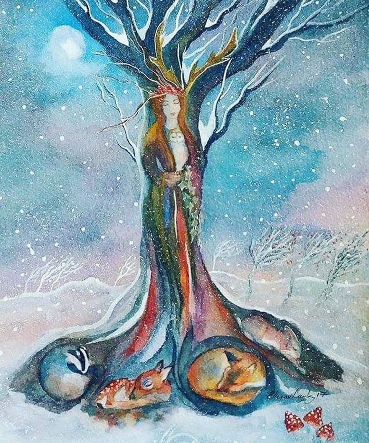 a painting of two people sleeping under a tree with snow falling on the ground and stars in the sky