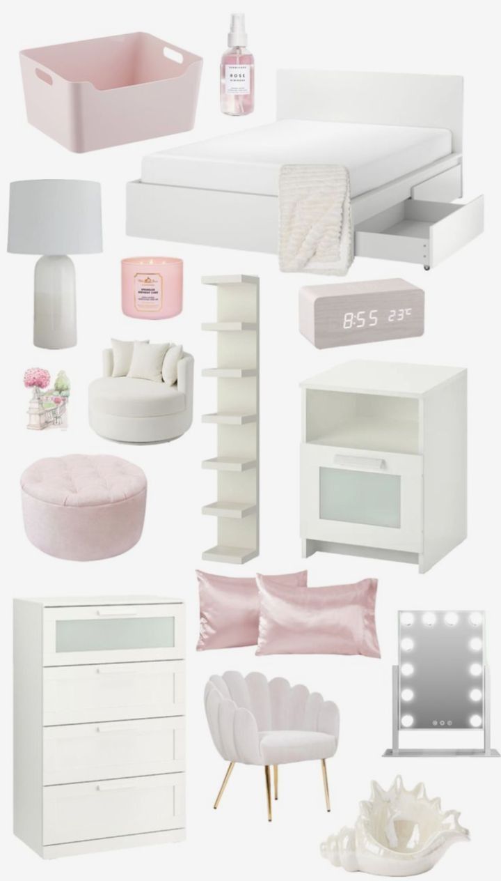 a collage of white furniture and accessories including a bed, dresser, mirror, chair, lamp, table, stools