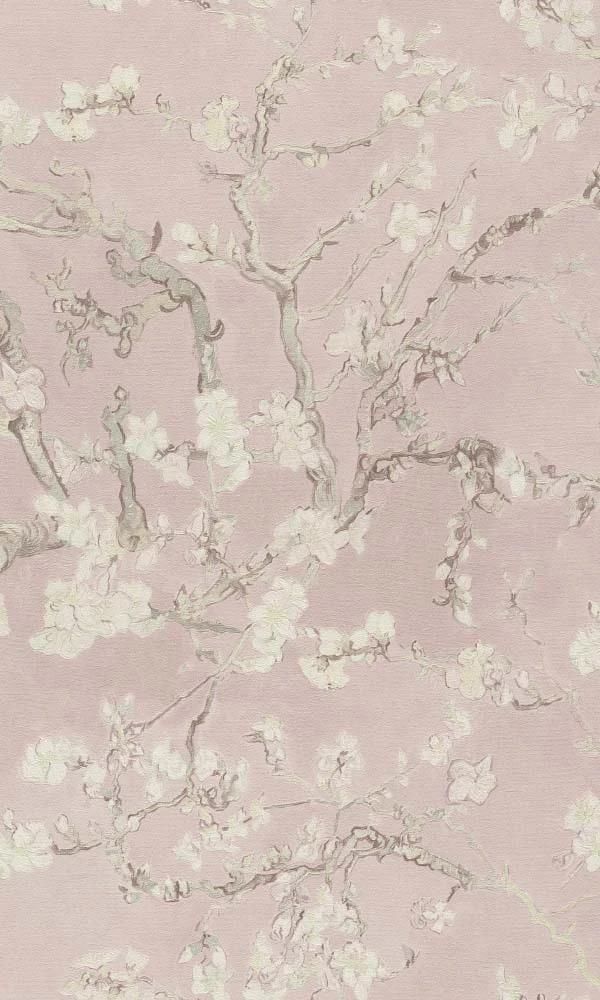 a pink wallpaper with white flowers on it