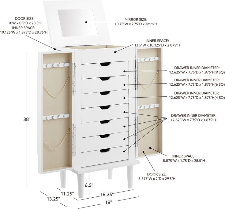 an image of a white jewelry cabinet with drawers and mirrors on it's sides