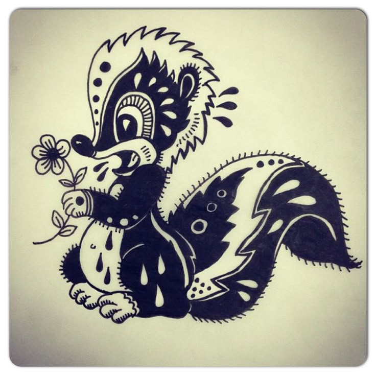 a black and white drawing of a squirrel with a flower in its mouth, sitting on the ground