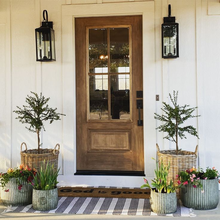 three potted plants are sitting on the front porch next to a wooden door with glass panes