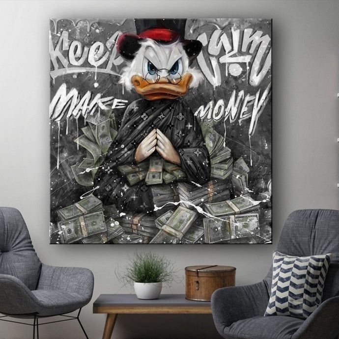 a living room with two chairs and a painting on the wall that says make money