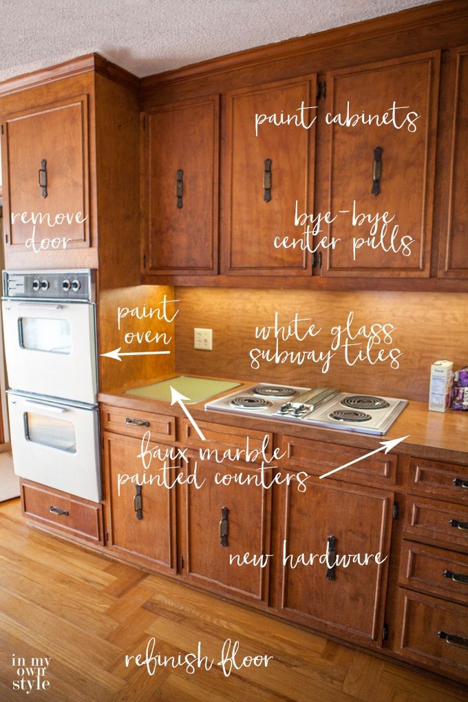 an image of kitchen with wood cabinets and white appliances labeled in the words above it