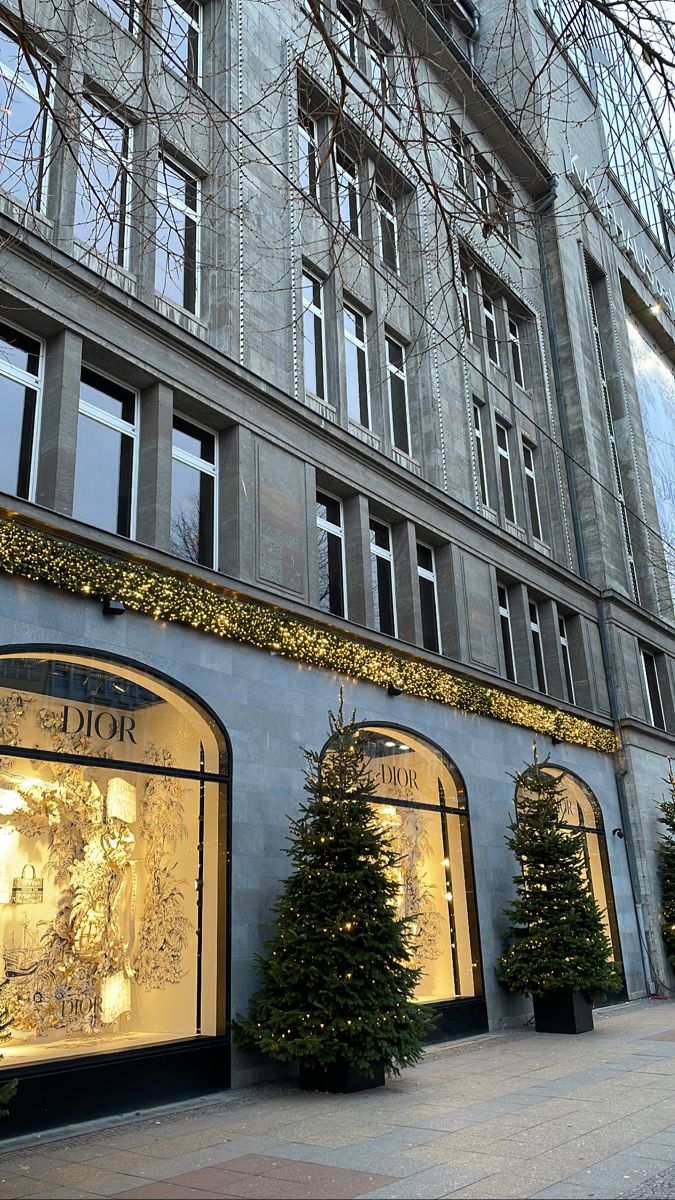 a building with christmas trees in front of it