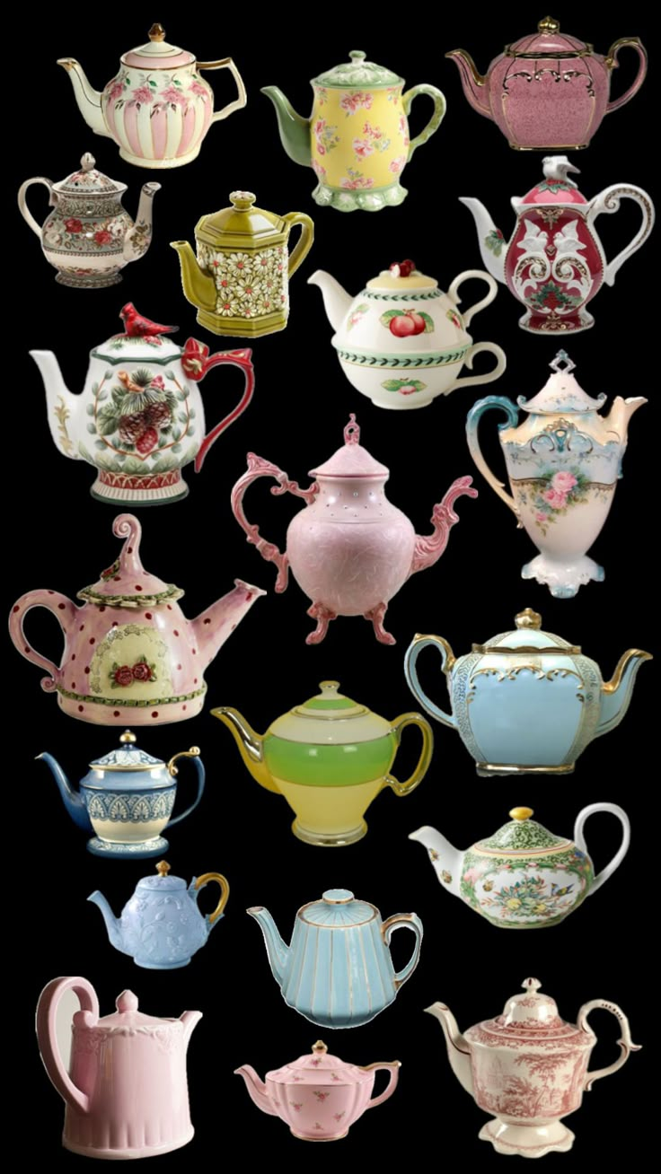 many different types of teapots and saucers are shown on a black background