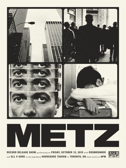 a movie poster for the film metz, with images of people and buildings in black and white