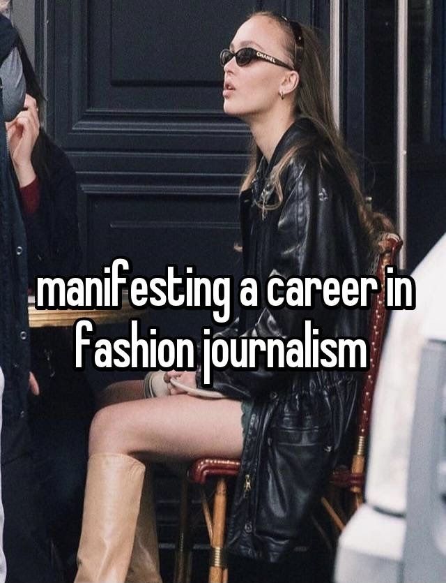 a woman sitting at a table in front of a black door with the words manifesting a career in fashion journalist