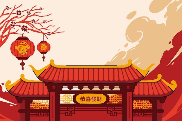 Chinese Building Illustration, Chinese Illustration Art, Modern Chinese Design, Chinese Gate, Chinese Rabbit, Chinese New Year Festival, China Background, Chinese Buildings, House Design Drawing