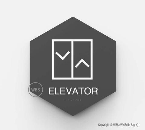 a black and white hexagonal logo with the word elevator on it's side