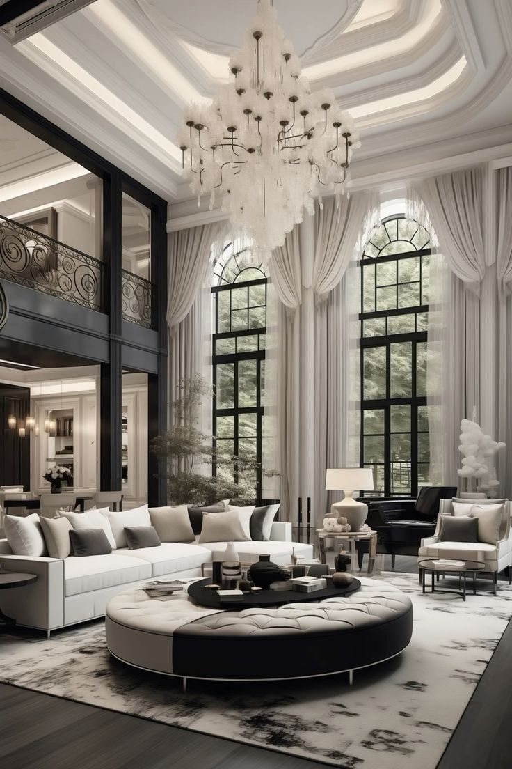 a large living room with white furniture and chandelier hanging from the ceiling above it