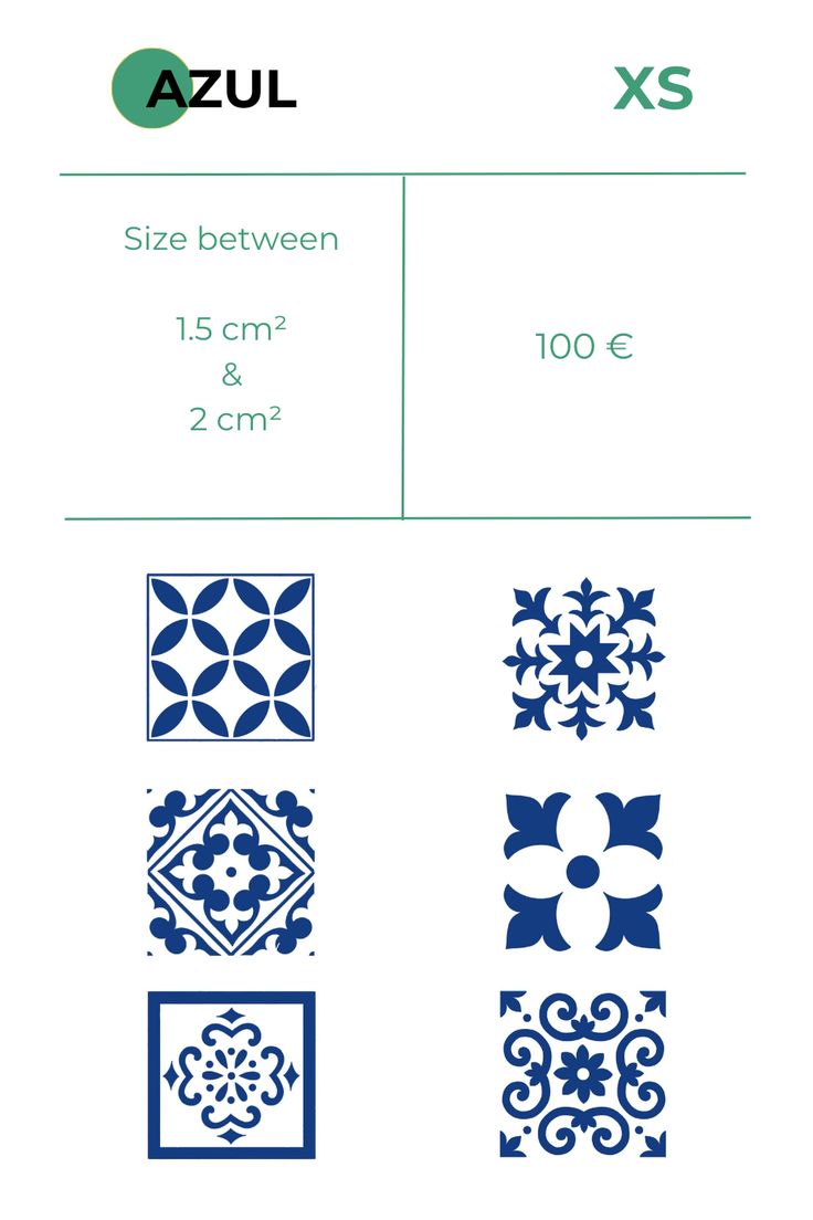 the different types of tiles are shown in blue and white, as well as an image of