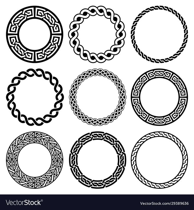 a set of nine circular frames in celtic style, black and white illustration on a white background