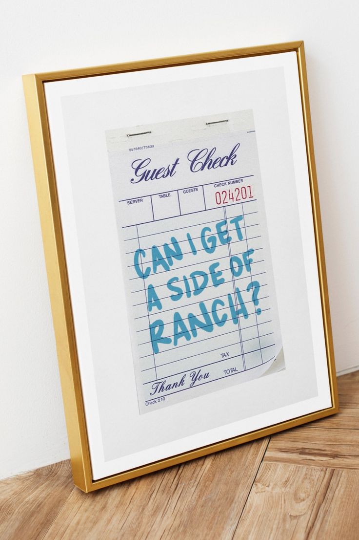 Are you a ranch enthusiast? Express your love with a guest check art print that playfully asks, "Can I get a side of ranch?" Perfect for brightening up your living room, bedroom, kitchen, bar cart, office, or any space in need of personality and color, this digital wall art print is a delightful choice. Transform your gallery wall with this trendy and cute wall art!