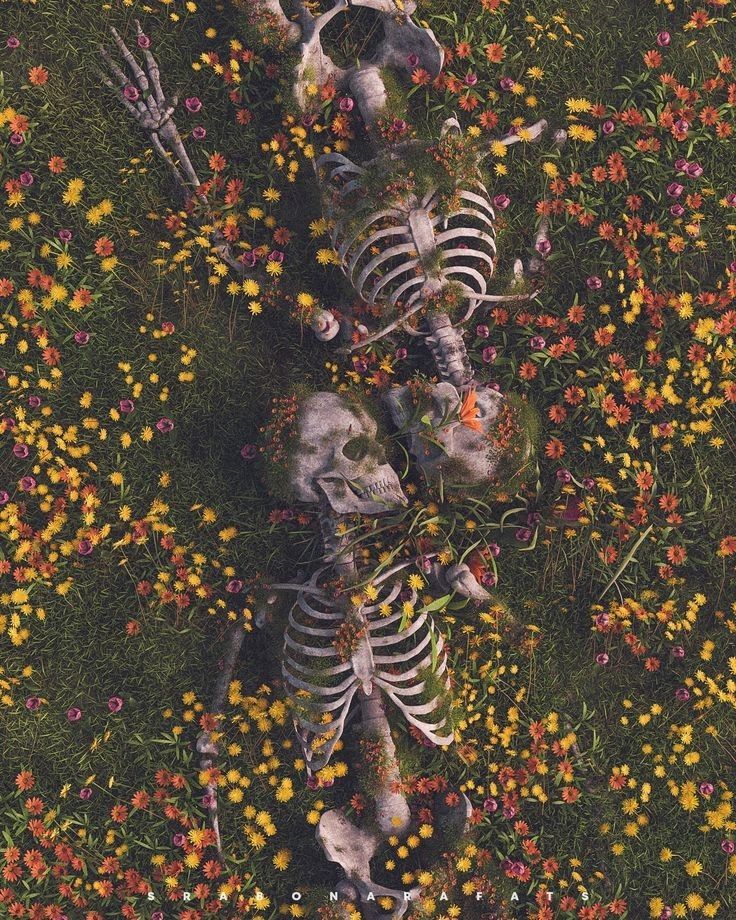 two skeletons laying in the grass surrounded by wildflowers and other flowers, looking down at each other