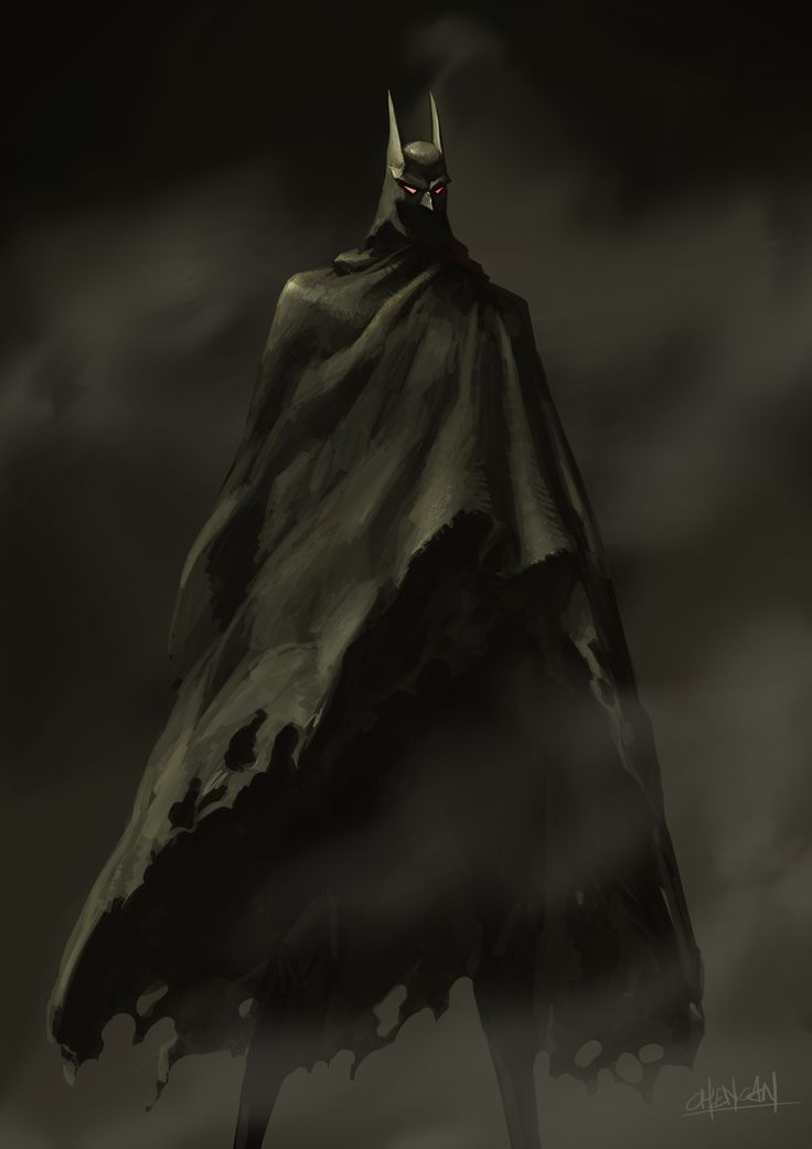 a drawing of a batman standing in the dark with his cape open and eyes closed