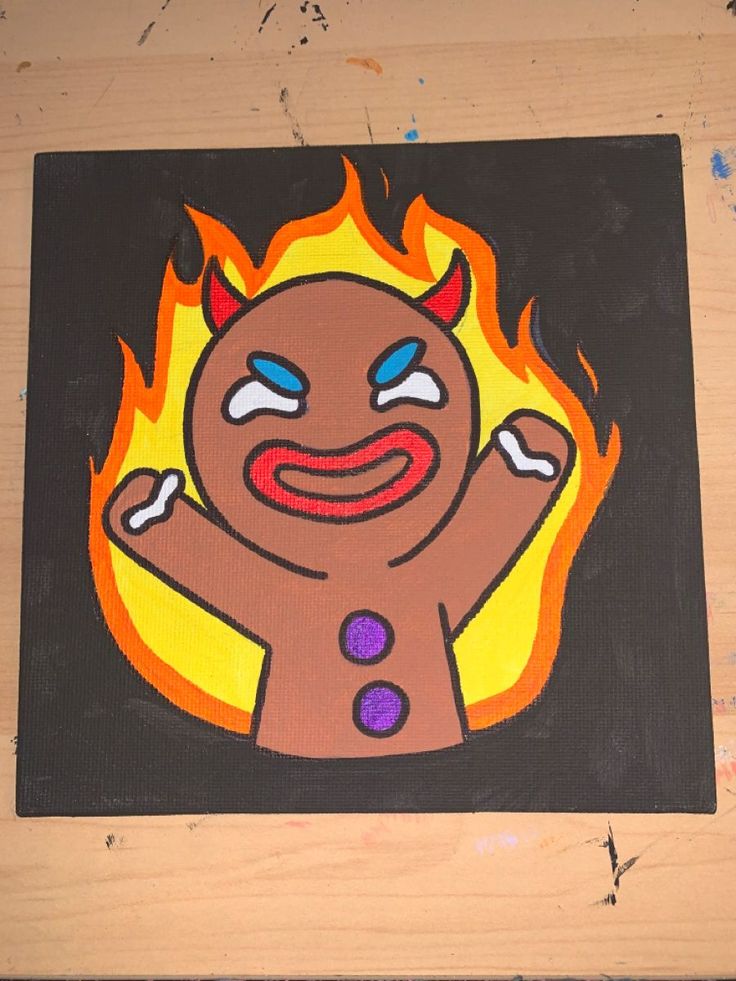 a painting of a cartoon character with flames on it's face and arms, in front of a black background