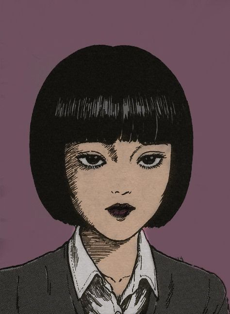 a drawing of a woman with black hair and bangs, wearing a white collared shirt