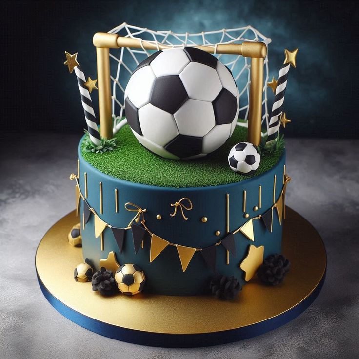 a soccer themed birthday cake with a ball and goal