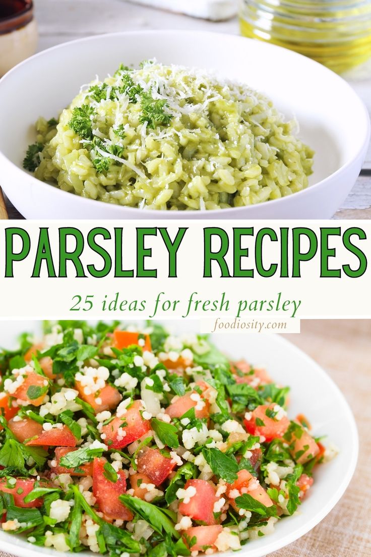 the cover of parsley recipes is shown in three different bowls with broccoli, tomatoes and other vegetables