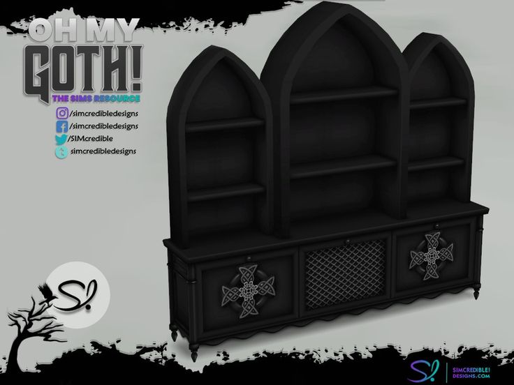 an image of a gothic bookcase with stars on the front and bottom shelves in black