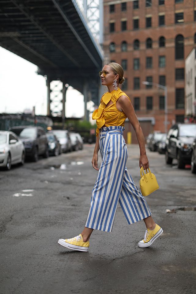 SUMMER BLUES & A SPRING SALE | Atlantic-Pacific Blue And White Striped Pants Outfit, Stripe Pants Outfit, Yellow Converse, Converse Outfits, Summer Blues, Blair Eadie, Atlantic Pacific, Yellow Sneakers, Stripe Outfits