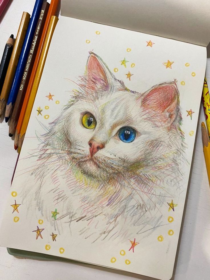 a drawing of a white cat with blue eyes and stars on it's side