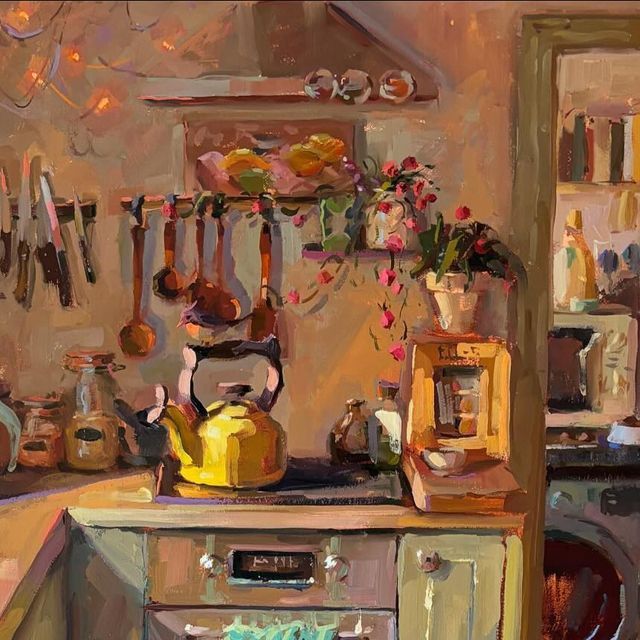 a painting of a kitchen with pots and pans on the stove