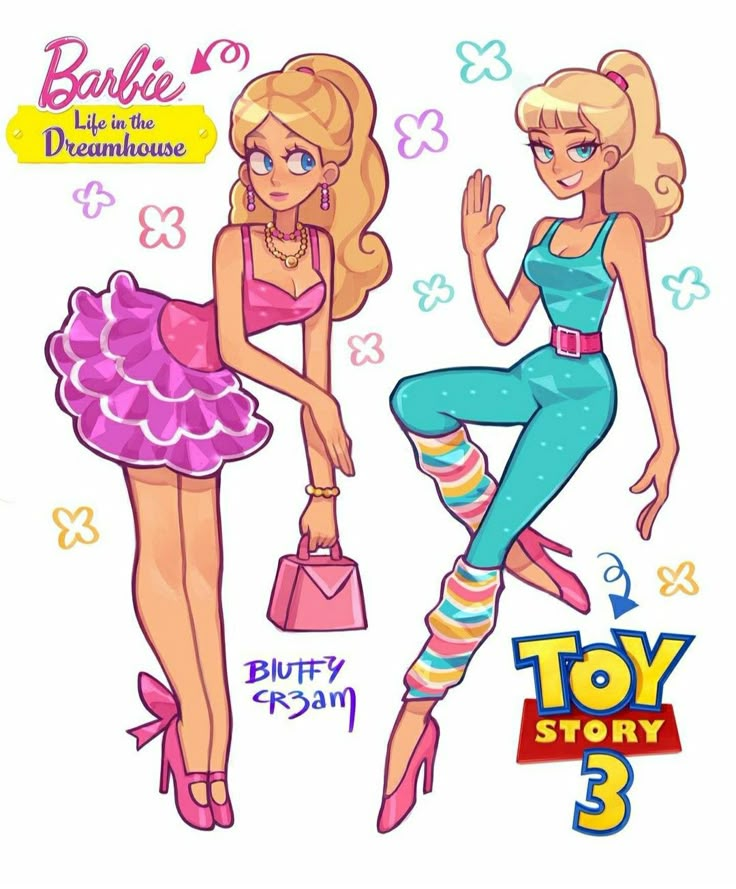 two cartoon girls with different outfits and accessories