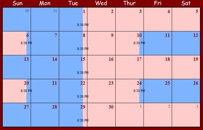 a red and blue calendar with the month on it