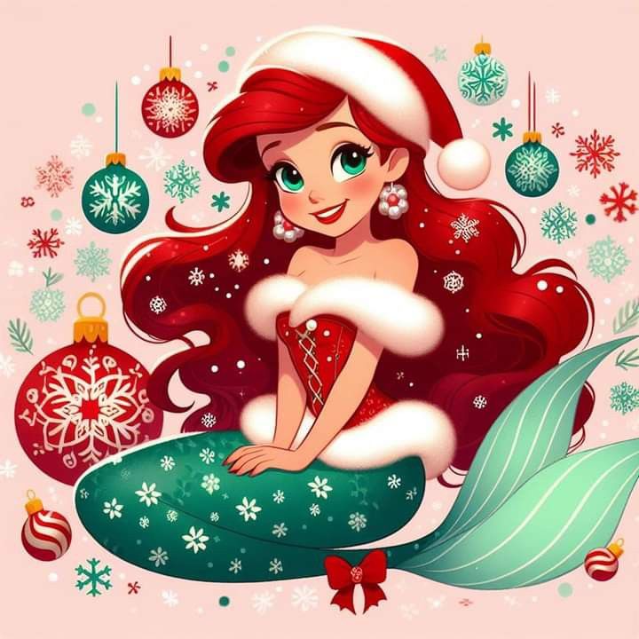 the little mermaid is sitting on top of a christmas ornament with ornaments around her