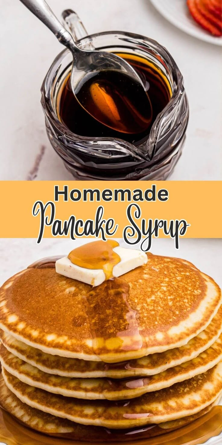 pancakes stacked on top of each other with syrup