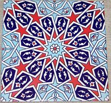 a blue and red tile with an intricate design on the bottom half, in different colors