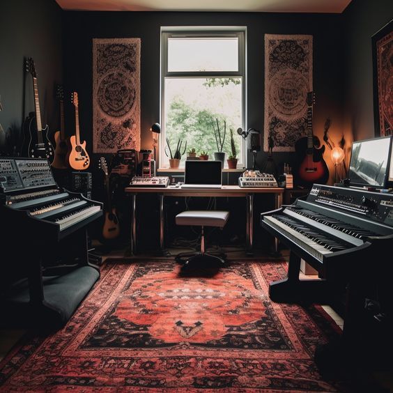 a living room filled with musical instruments and a large rug in front of a window