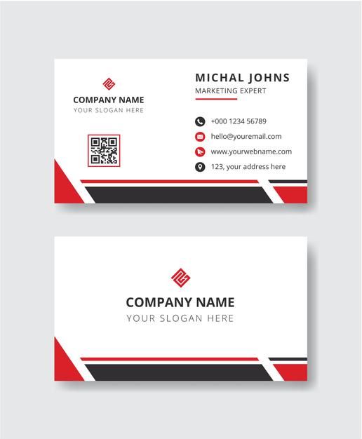 two business cards with red and black stripes