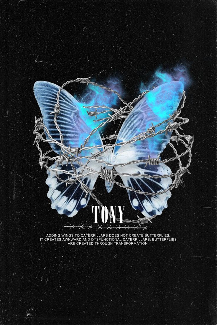 a blue and white butterfly with the words tony written on it's back side