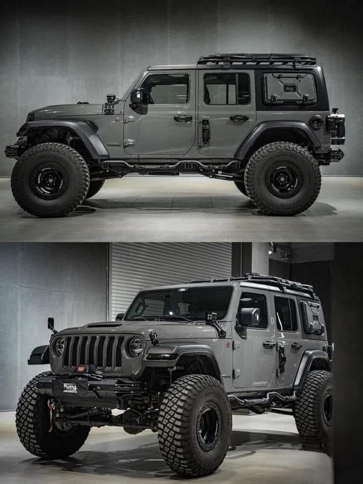 two pictures of the front and rear views of a jeep