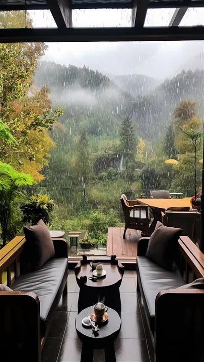 a living room filled with lots of furniture under a rain covered skylight next to a forest